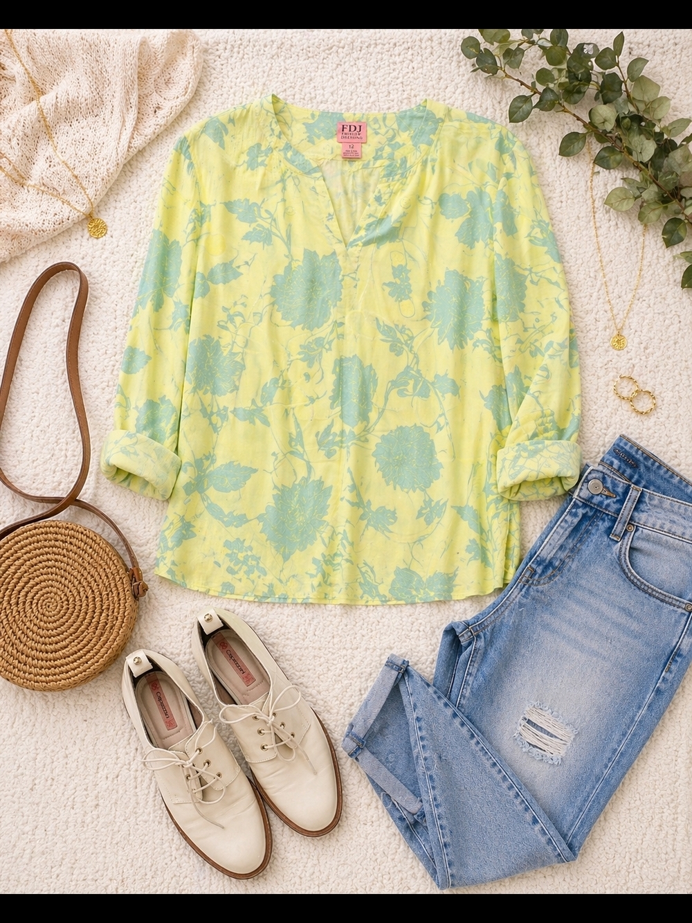 FDJ Yellow Blue Floral Blouse Coastal Cotton L